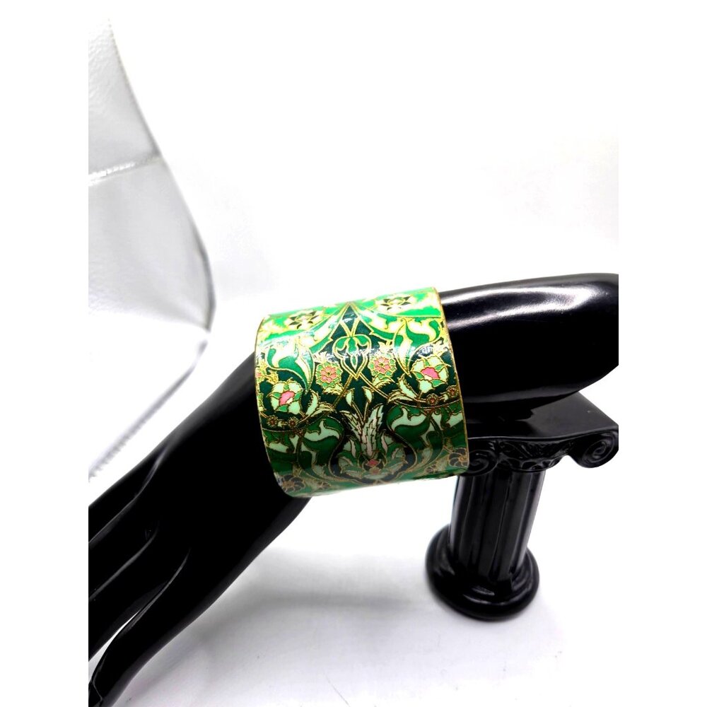 Wide Green Enamel Floral Cuff Bracelet Vintage Style Gold Detailing Copper Back